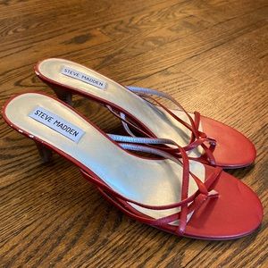 Red strappy, heeled sandals, Steve Madden size 9.5. Never worn!